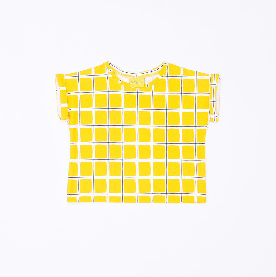 Yellow Check Unisex T-shirt from the baby and kids clothing collection at Pickle UK.