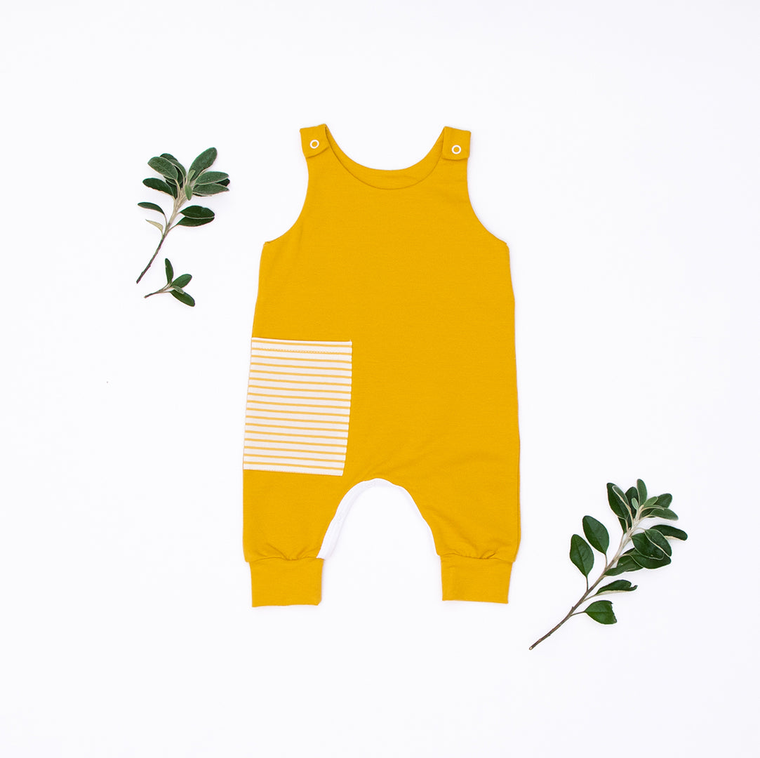 Ochre Stripe Pocket Romper from the baby and kids clothing collection at Pickle UK.