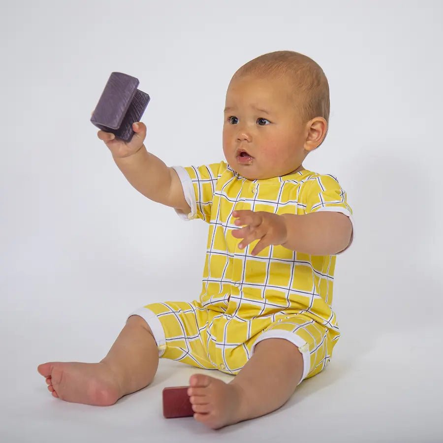 Yellow Check Romper from the baby and kids clothing collection at Pickle UK.